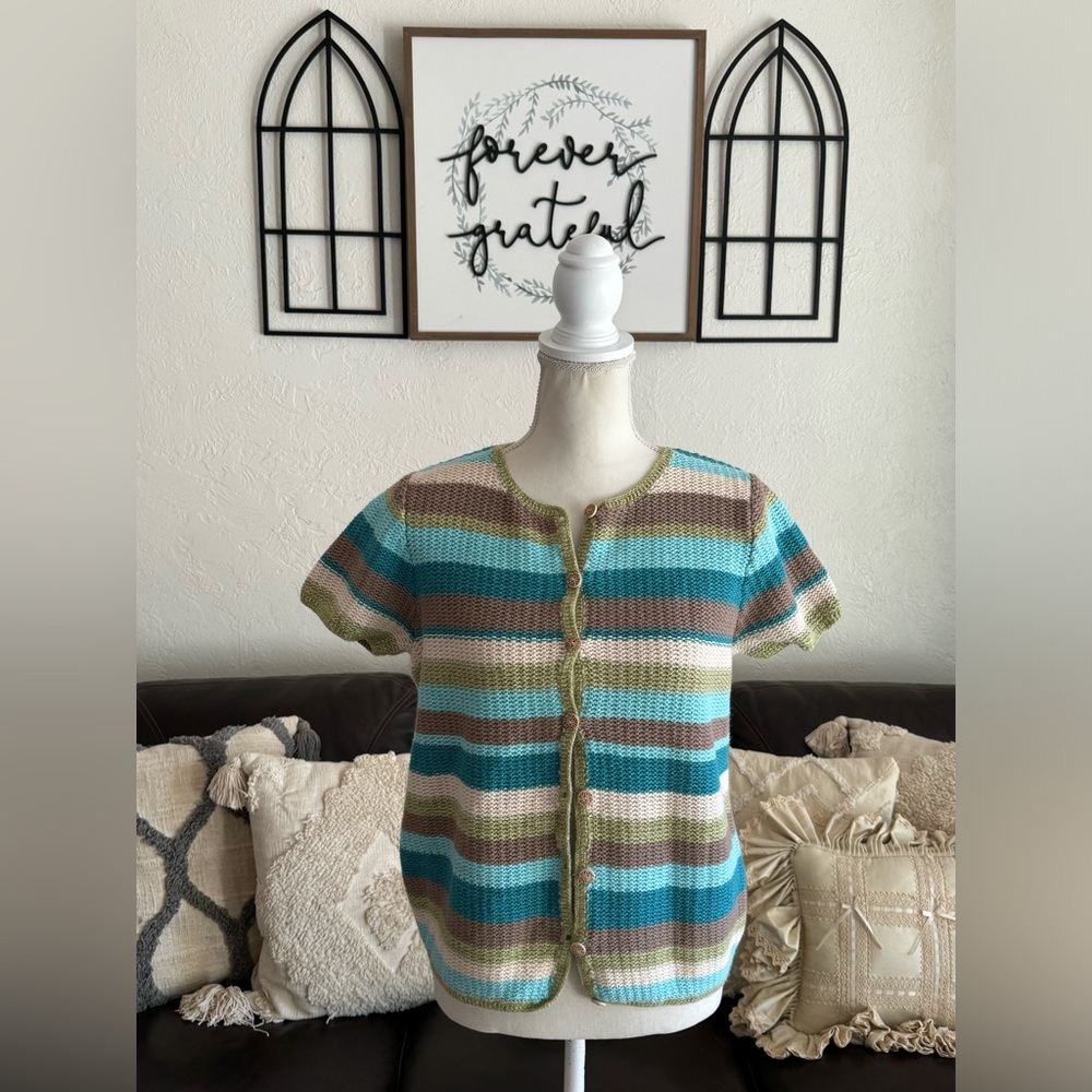 Vintage Coastal Granddaughter Short Sleeve Cardigan Cover Size M Hand Crochet - Picture 9 of 16